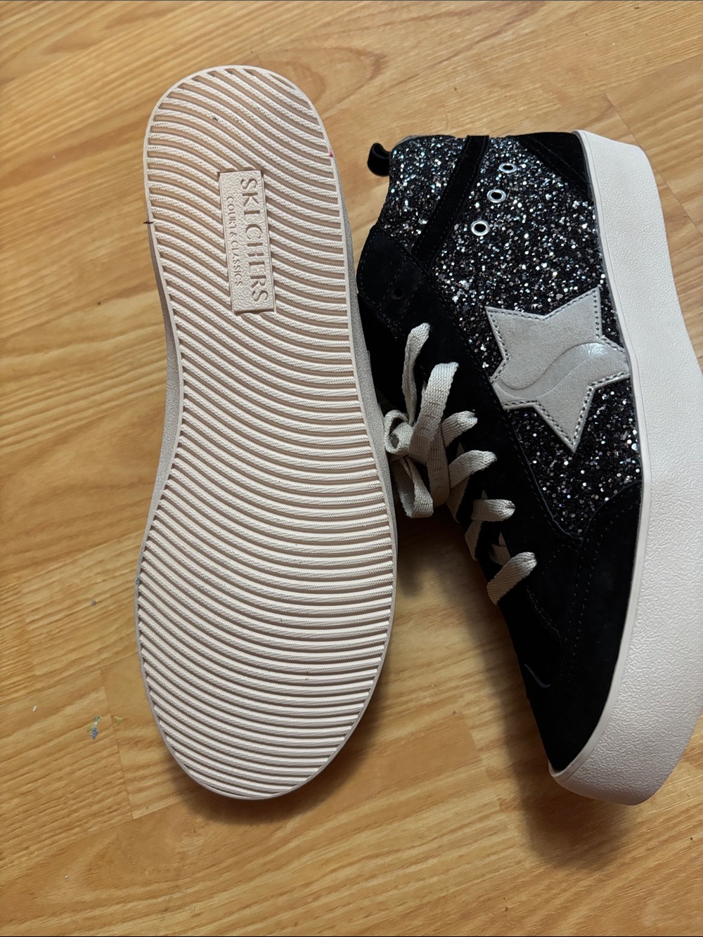 Skechers Women’s Black Glitter Lace-Up High Top Sneakers with Silver Accents - Picture 3 of 4